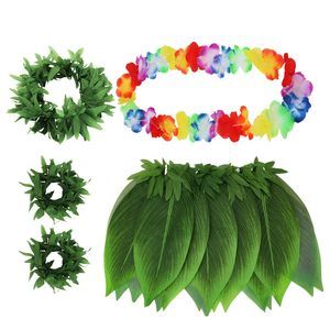 5 Pcs Hawaiian Leaf Skirt Set For Luau Party Garland Leis Headband Bracelets🧐